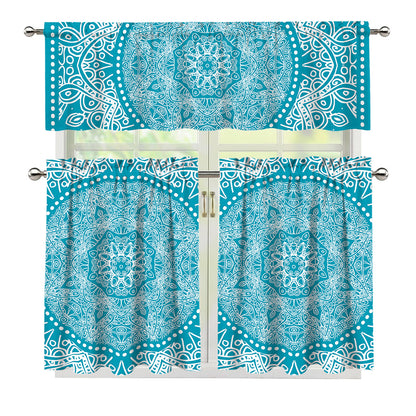 Teal And White Mandala Print 3 Piece Kitchen Curtains
