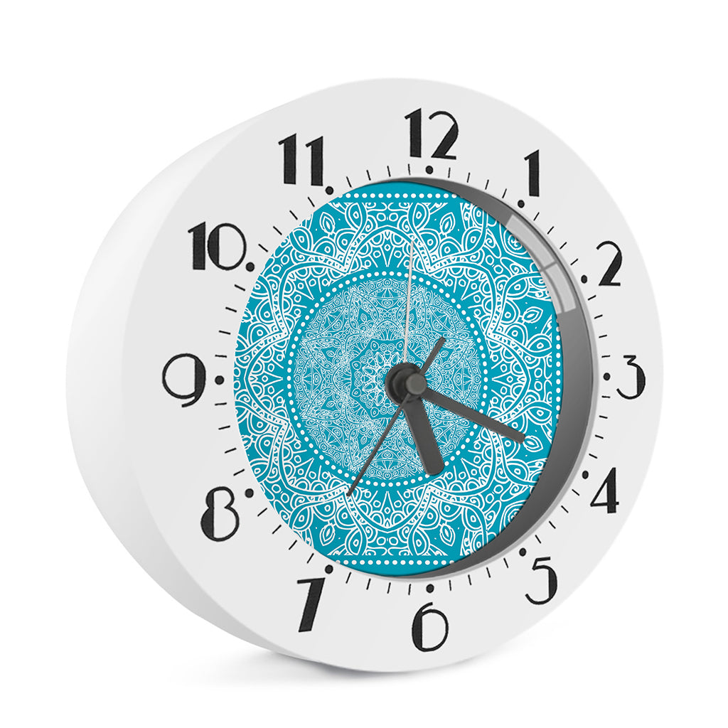 Teal And White Mandala Print Alarm Clock