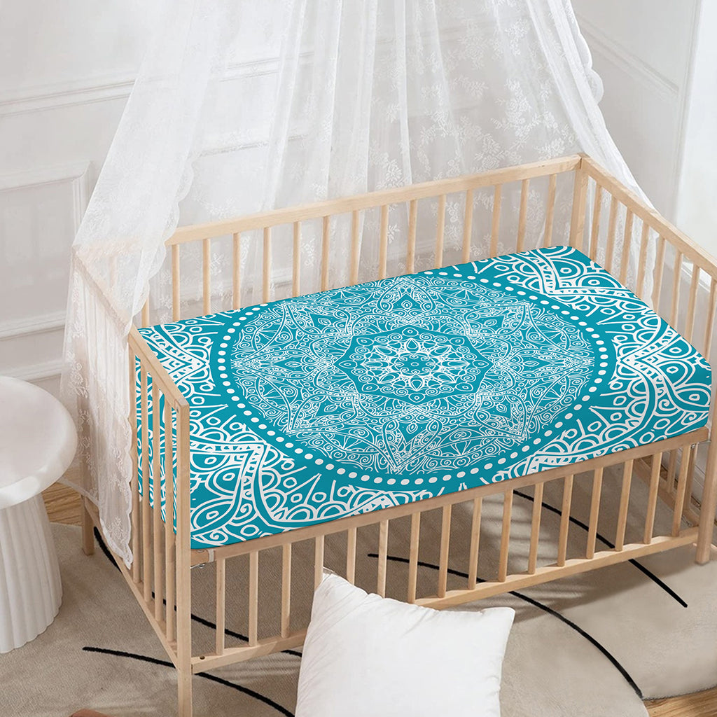 Teal And White Mandala Print Baby Crib Sheet