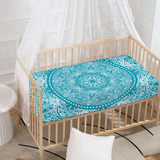 Teal And White Mandala Print Baby Crib Sheet