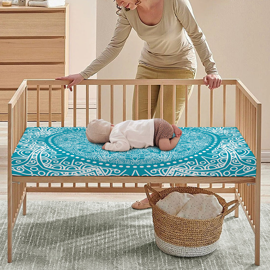 Teal And White Mandala Print Baby Crib Sheet