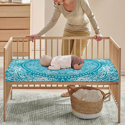 Teal And White Mandala Print Baby Crib Sheet