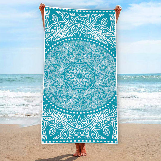 Teal And White Mandala Print Beach Towel