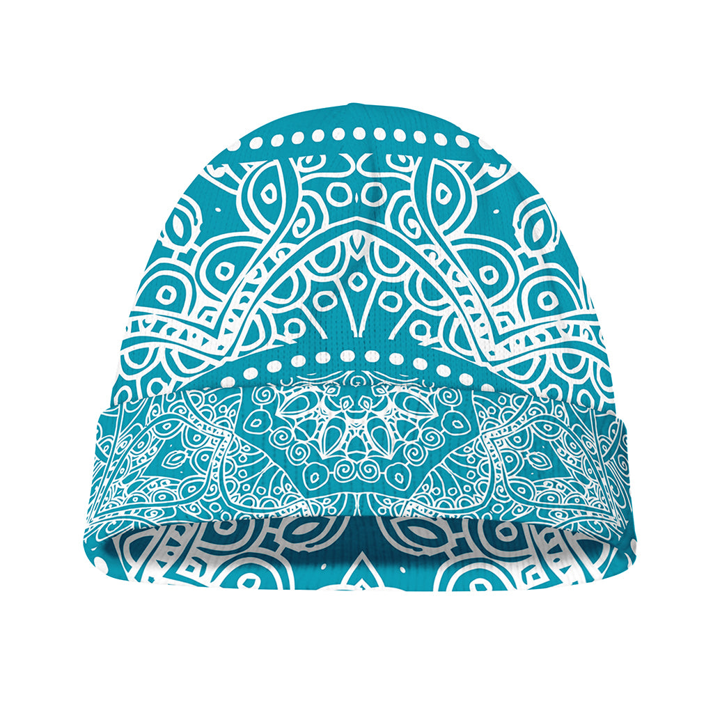 Teal And White Mandala Print Beanie