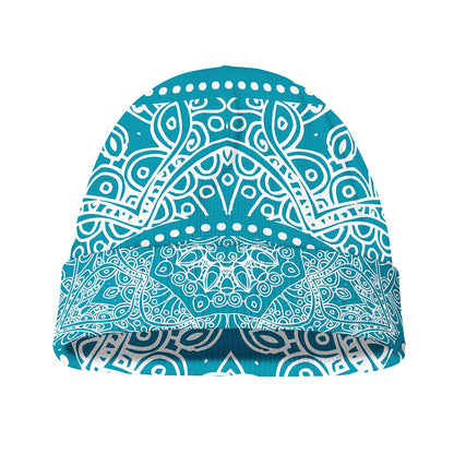 Teal And White Mandala Print Beanie