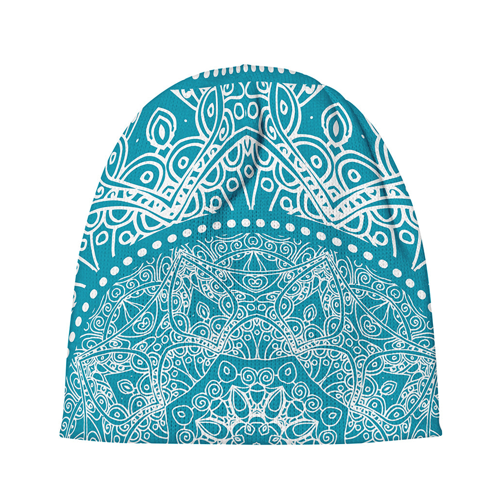 Teal And White Mandala Print Beanie