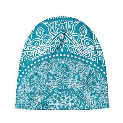Teal And White Mandala Print Beanie
