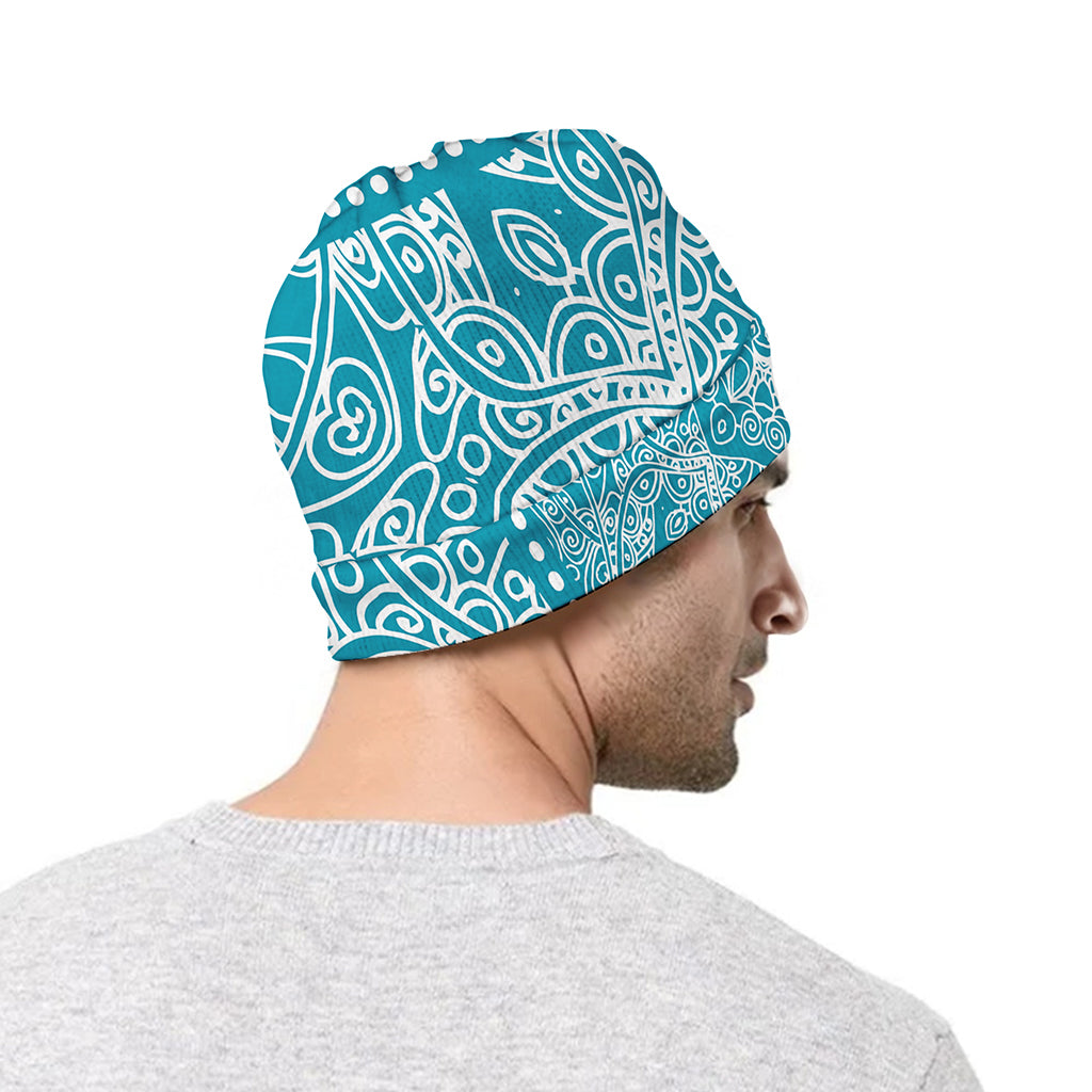 Teal And White Mandala Print Beanie