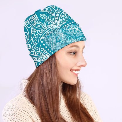 Teal And White Mandala Print Beanie