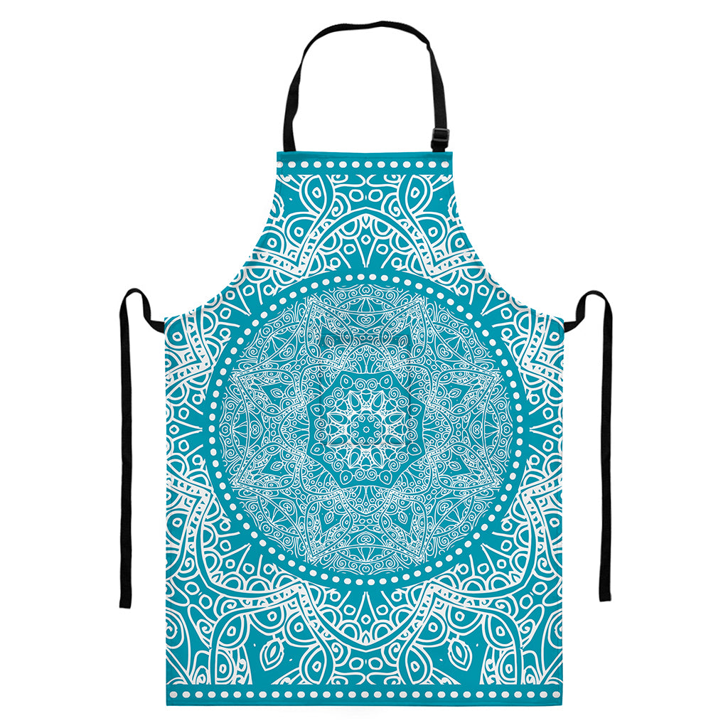 Teal And White Mandala Print Bib Apron With Pocket