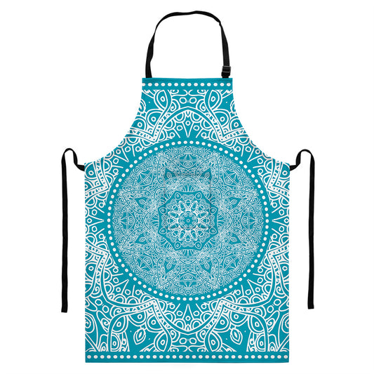 Teal And White Mandala Print Bib Apron With Pocket
