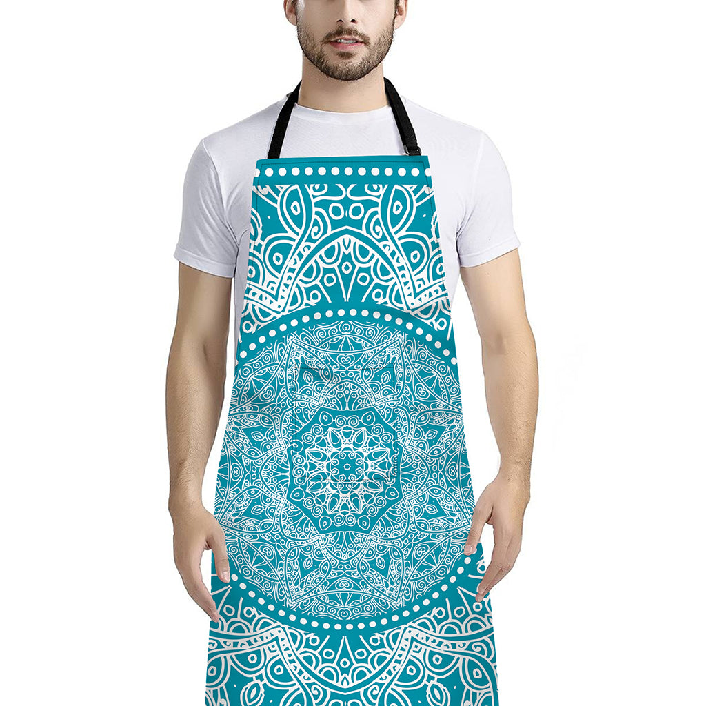 Teal And White Mandala Print Bib Apron With Pocket