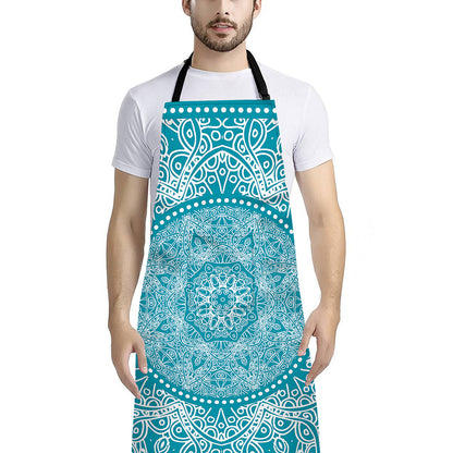 Teal And White Mandala Print Bib Apron With Pocket