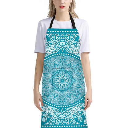 Teal And White Mandala Print Bib Apron With Pocket