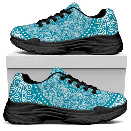 Teal And White Mandala Print Black Chunky Shoes