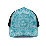 Teal And White Mandala Print Black Mesh Trucker Cap