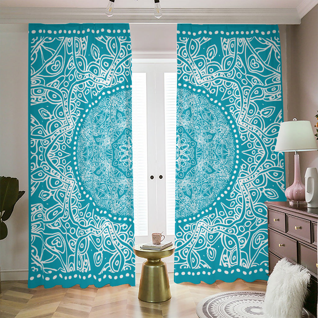 Teal And White Mandala Print Blackout Pencil Pleat Curtains