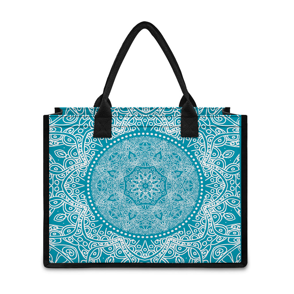 Teal And White Mandala Print Canvas Tote Bag