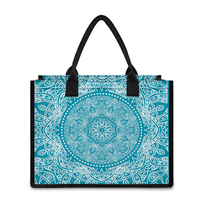Teal And White Mandala Print Canvas Tote Bag