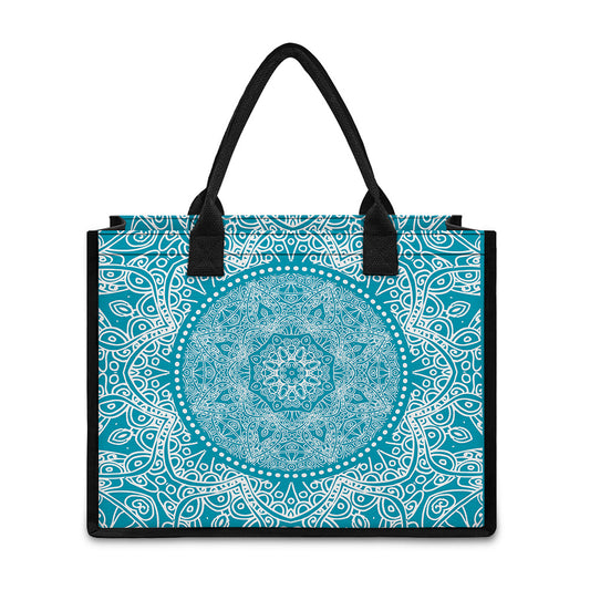 Teal And White Mandala Print Canvas Tote Bag