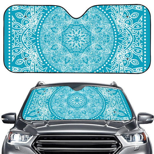 Teal And White Mandala Print Car Windshield Sun Shade