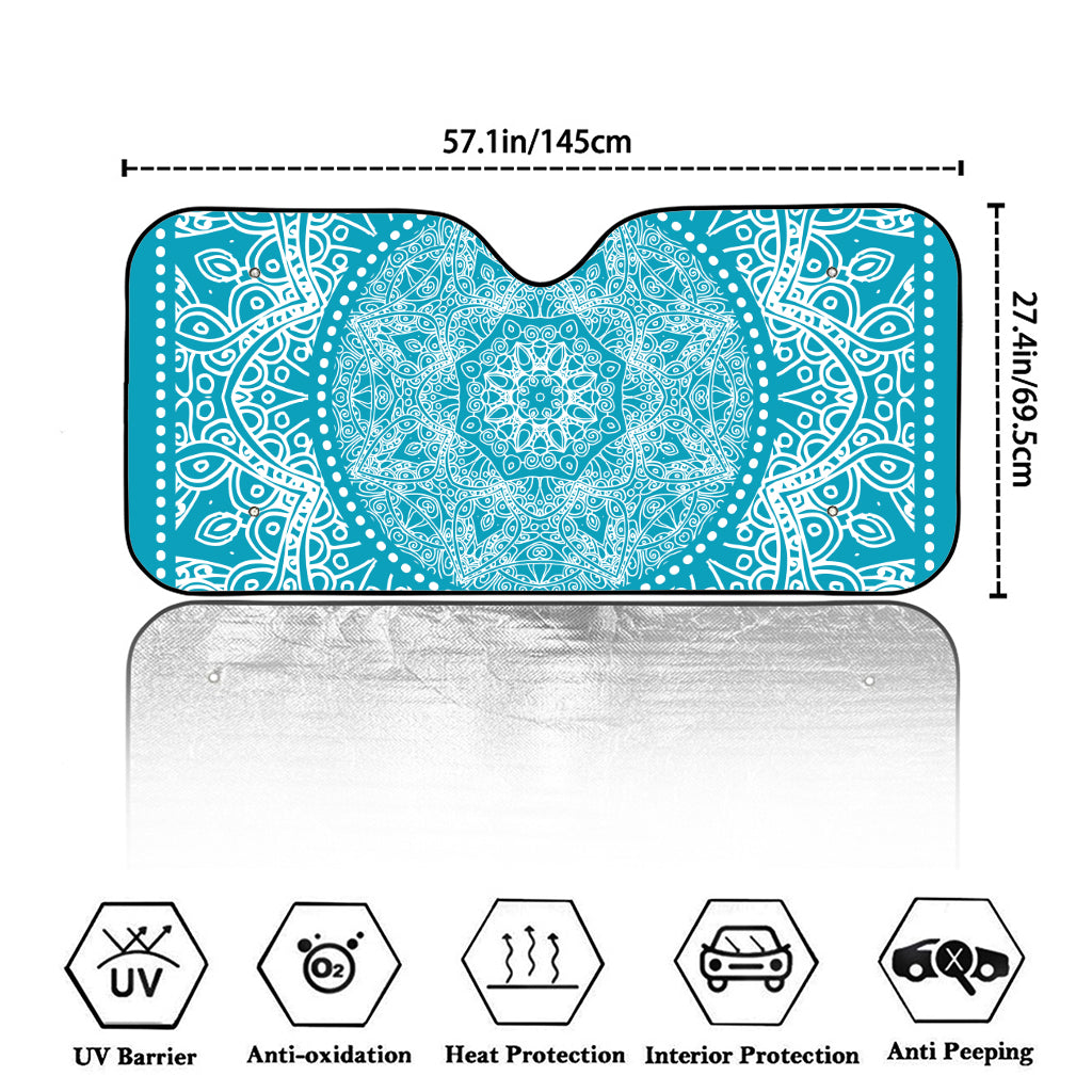 Teal And White Mandala Print Car Windshield Sun Shade