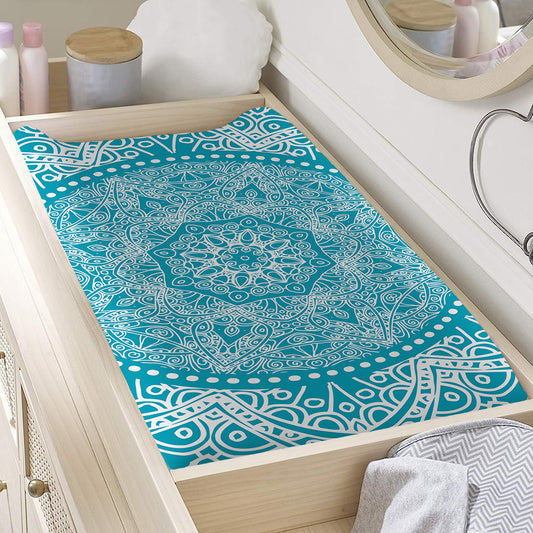 Teal And White Mandala Print Changing Pad Cover