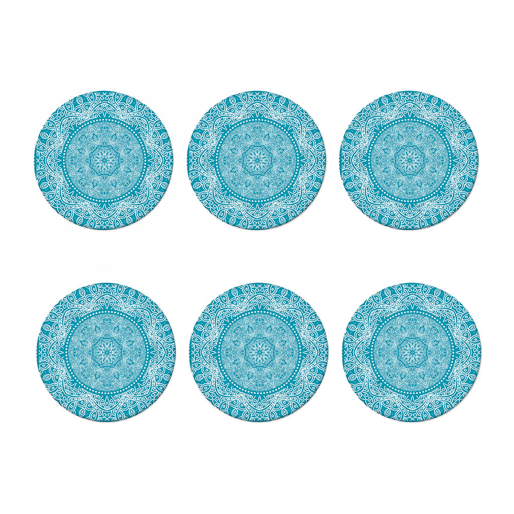 Teal And White Mandala Print Coaster Set