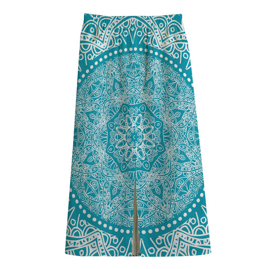 Teal And White Mandala Print Cotton Front Slit Maxi Skirt