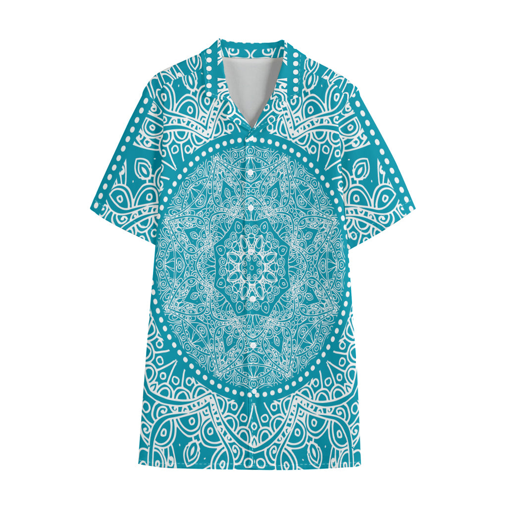 Teal And White Mandala Print Cotton Hawaiian Shirt