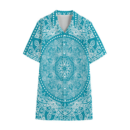 Teal And White Mandala Print Cotton Hawaiian Shirt