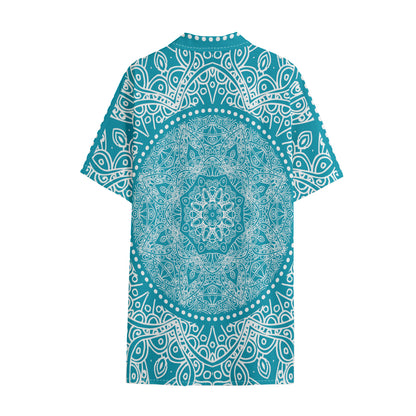 Teal And White Mandala Print Cotton Hawaiian Shirt