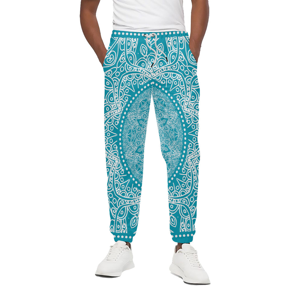 Teal And White Mandala Print Cotton Pants
