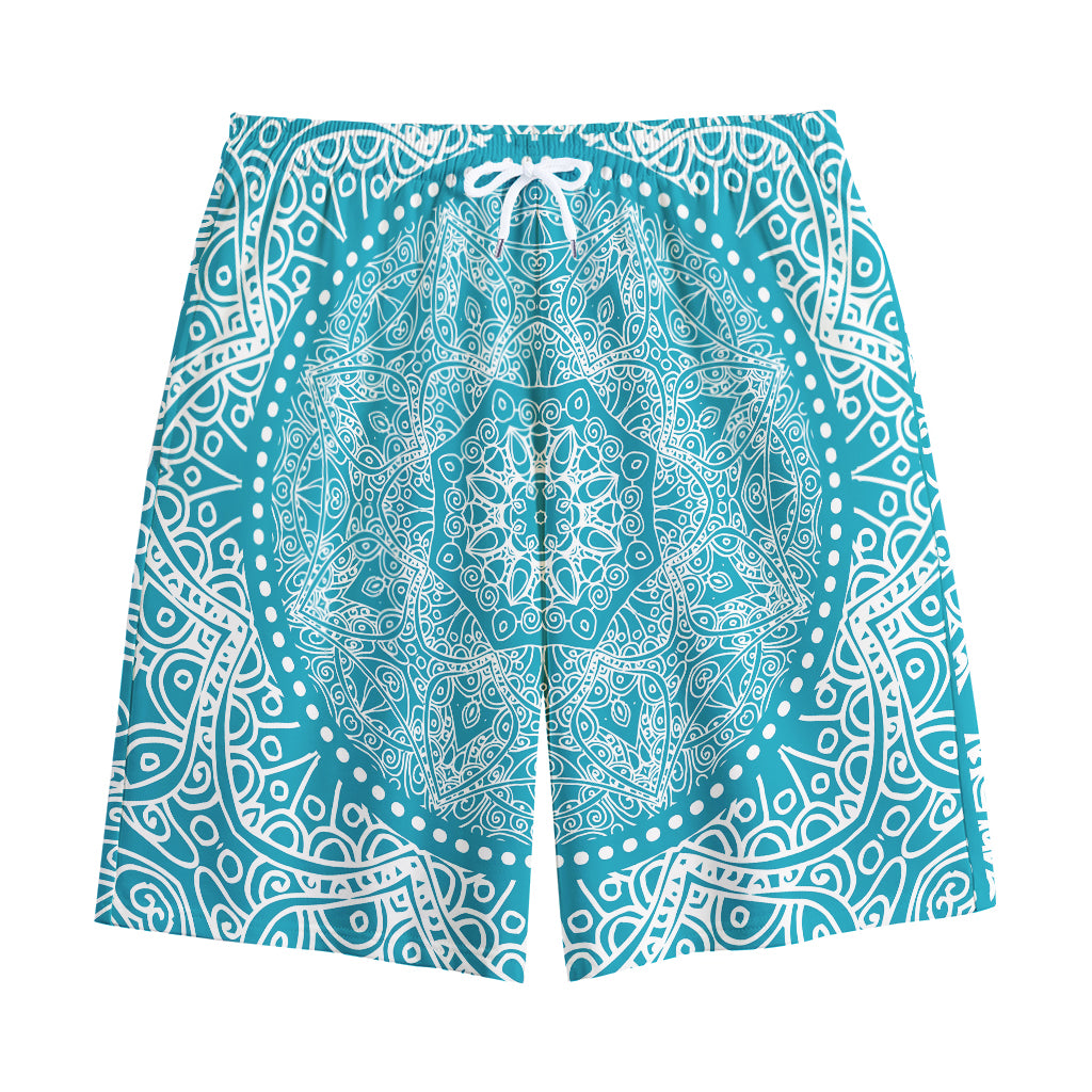 Teal And White Mandala Print Cotton Shorts
