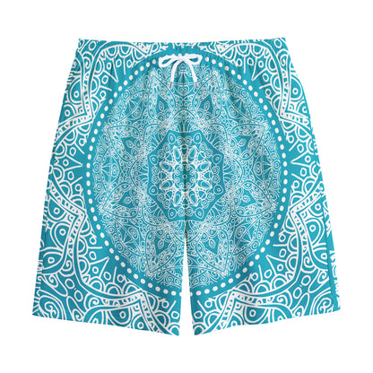 Teal And White Mandala Print Cotton Shorts