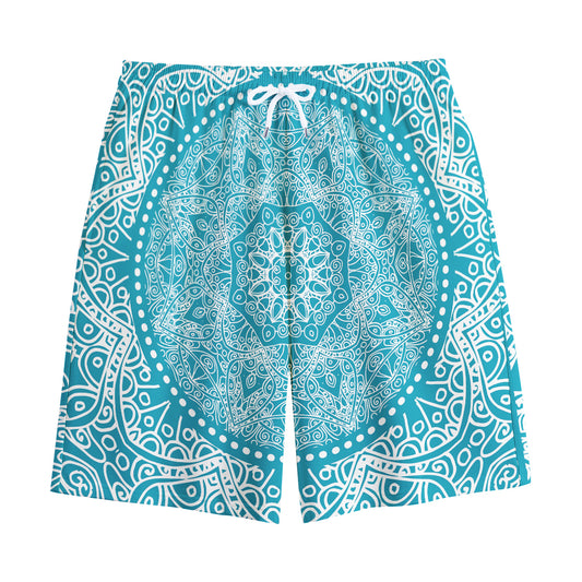Teal And White Mandala Print Cotton Shorts