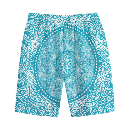 Teal And White Mandala Print Cotton Shorts