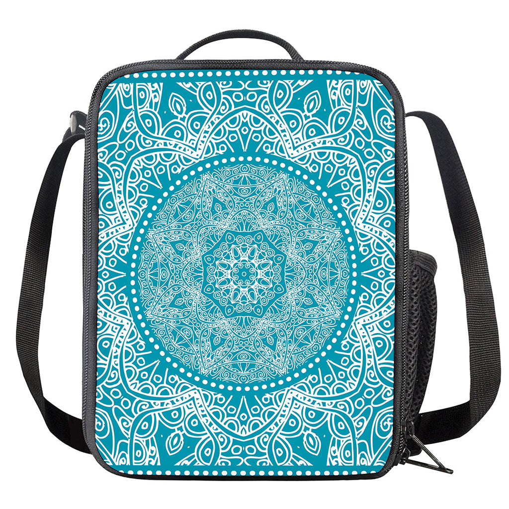 Teal And White Mandala Print Crossbody Lunch Bag