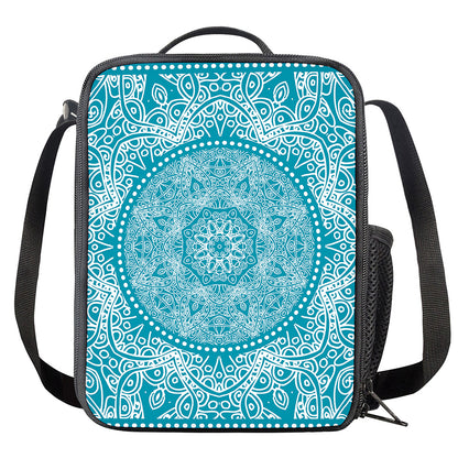 Teal And White Mandala Print Crossbody Lunch Bag