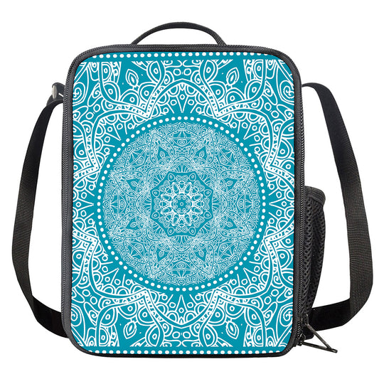 Teal And White Mandala Print Crossbody Lunch Bag