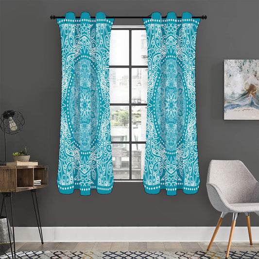 Teal And White Mandala Print Curtain