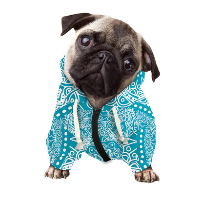 Teal And White Mandala Print Dog Zip Up Hoodie