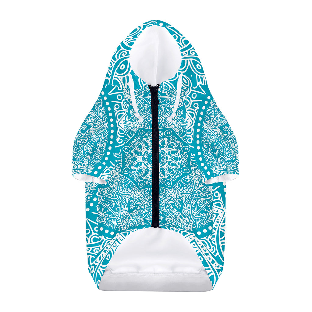 Teal And White Mandala Print Dog Zip Up Hoodie