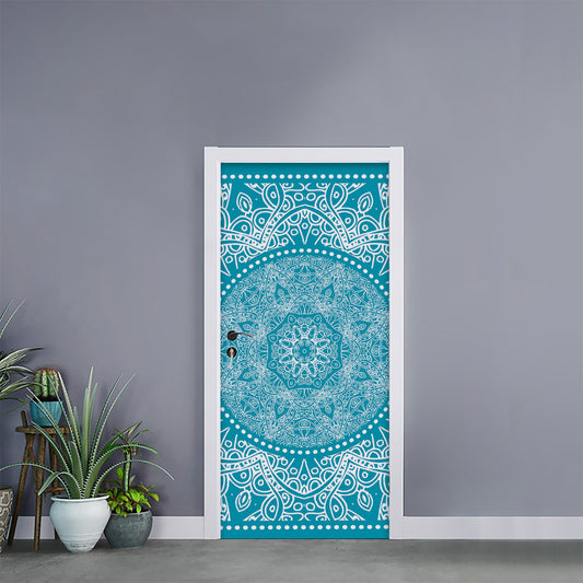 Teal And White Mandala Print Door Sticker