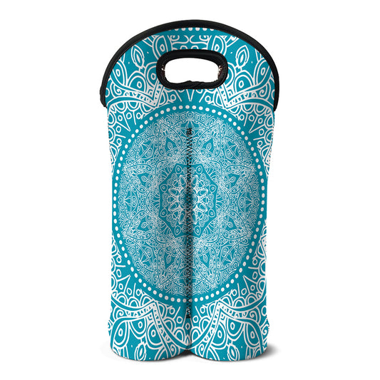 Teal And White Mandala Print Double Neoprene Wine Tote