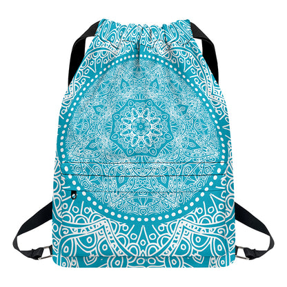 Teal And White Mandala Print Drawstring Backpack