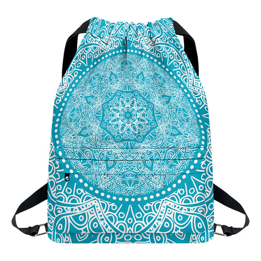 Teal And White Mandala Print Drawstring Backpack