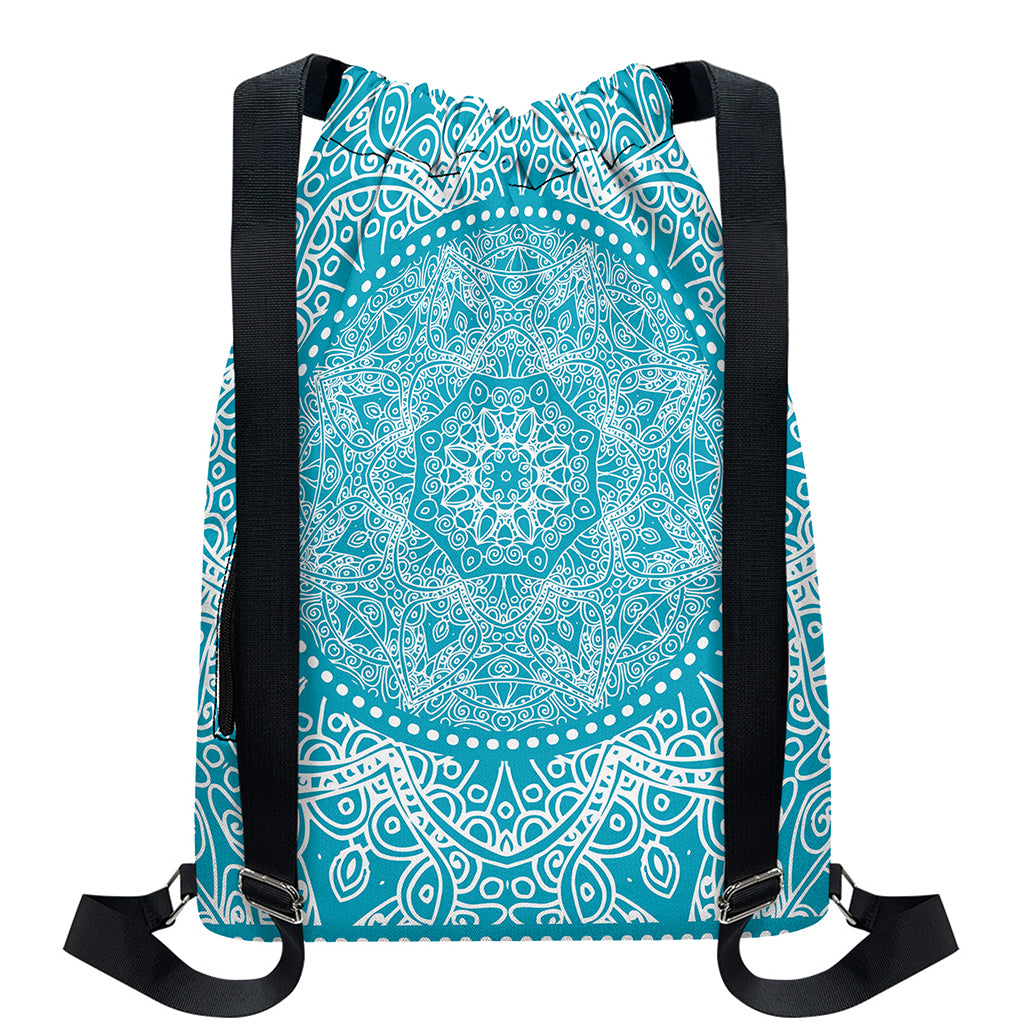 Teal And White Mandala Print Drawstring Backpack