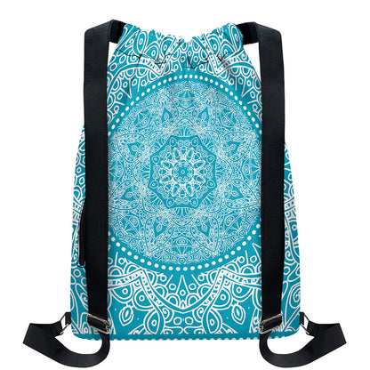 Teal And White Mandala Print Drawstring Backpack