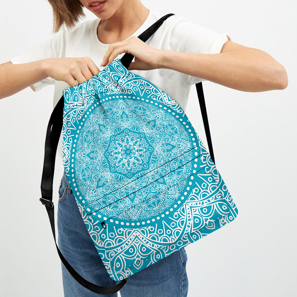 Teal And White Mandala Print Drawstring Backpack